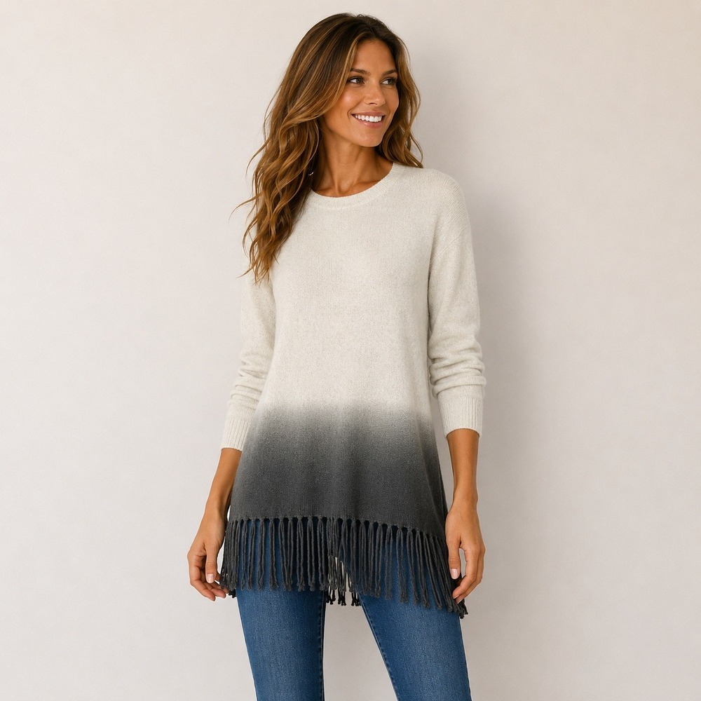 Aqua Cashmere Ombre Fringe Long Sleeve Crew Neck Sweater Cream Gray Boho S